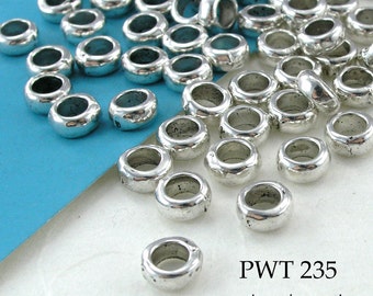 20 pcs - Large Hole Beads, Pewter Smooth Bead, Silver Tone, 4mm Hole, 7mm x 3mm Bead (PWT 235) BlueEchoBeads