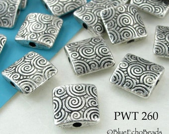 10pcs - Square Pewter Beads, Waves, Spirals, Silver Tone, 10mm Bead, 1.7mm Hole (PWT 260) BlueEchoBeads