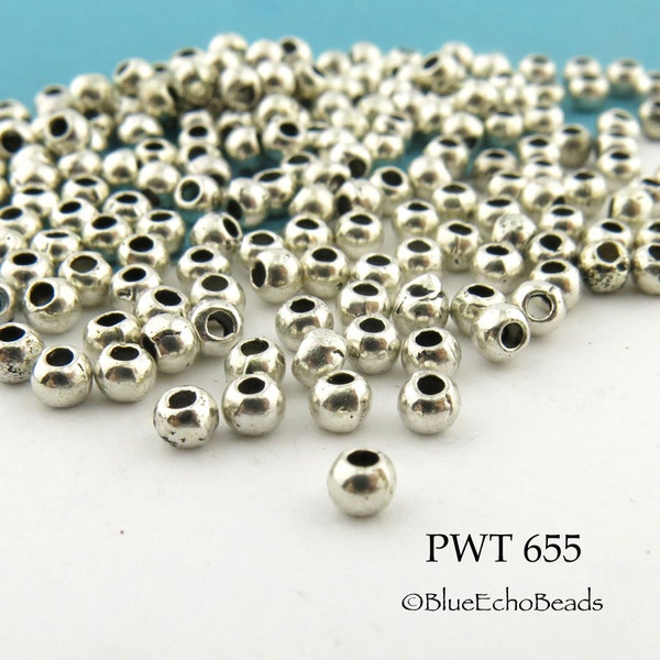 95 pcs - 4mm Tiny Round Pewter Beads,  Silve Toner, Small, Mini Beads, 1mm Hole (PWT 655) BlueEchoBeads