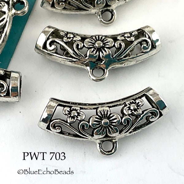 4pcs - 25mm Large Curved Pewter Tube Bail with Floral Openwork Pattern,  Large 4.3mm Tube Hole, 1.75mm Bail Hole (PWT 703) BlueEchoBeads