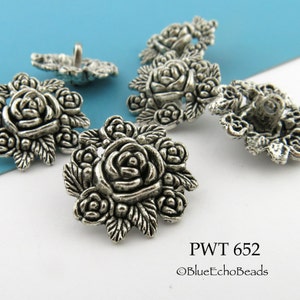 6 pcs - 24mm Large Rose Flower Pewter Button, 1" Button, Silver Tone, Shank Button (PWT 652) BlueEchoBeads