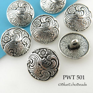 6 pcs 5/8 Floral Swirl Pewter Button, 17mm Shank Button, Silver Tone PWT 501 Blue Echo Beads image 3