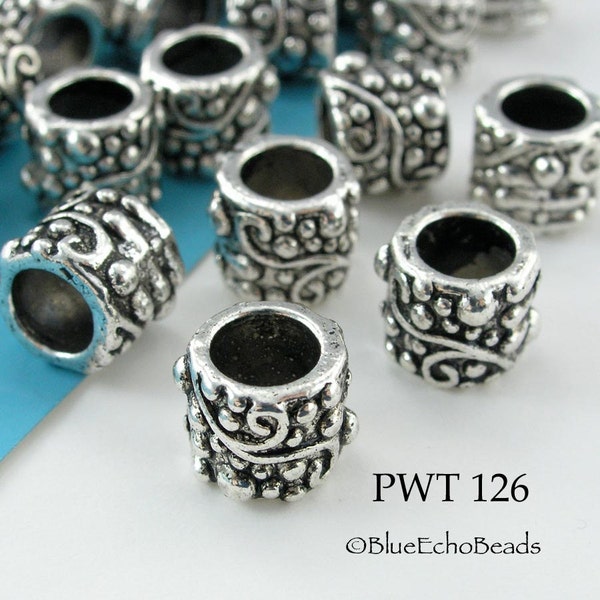 8 pcs- Large Hole Pewter Beads Tube with Scroll, 9mm, Silver Tone (PWT 126) 8 pcs BlueEchoBeads