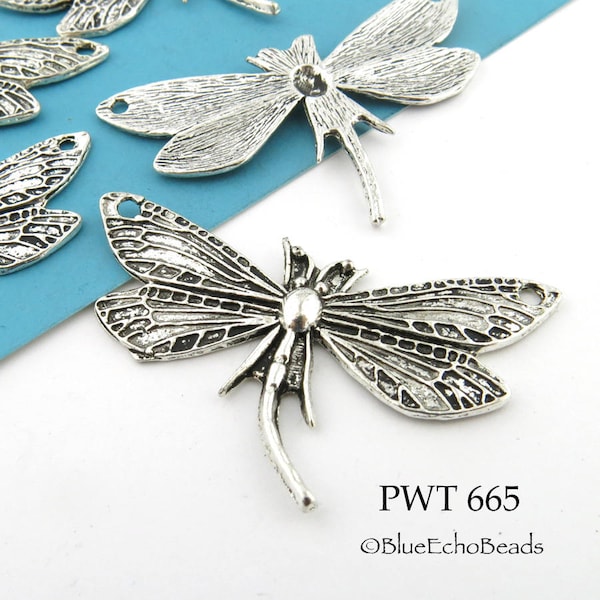 Large 49mm 2 Hole Dragonfly Charm, Pewter. Pewter Pendant,  Silver Tone (PWT 665) 4 pcs BlueEchoBeads