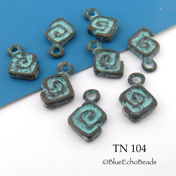 8 pcs - 7mm Small Square Patina Spiral Charm, Meandros Charm, Mykonos Beads, Greek Beads, Blue Green Patina (TN 104) BlueEchoBeads