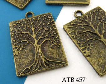 3 pcs - Large Tree of Life Rectangle Charm, Antique Brass Tree of Life Pendant, Antique Gold, 32mm (ATB 457) BlueEchoBeads