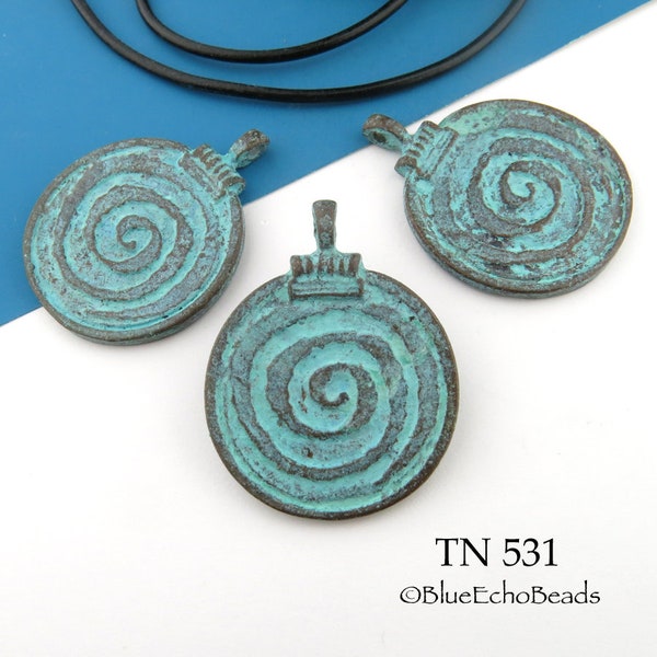 29mm Large Patina Spiral Pendant, Mykonos Beads, Greek Beads, Blue Green Patina (TN 531) 1 pc BlueEchoBeads