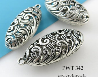 44mm Large Hollow Pewter Oval Pendant, Focal Bead, Silver Tone, 2mm Hole (PWT 342) 1 pc BlueEchoBeads