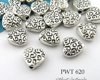 15 pcs - Small 9mm Pewter Heart with Curls Beads, Silver Tone, 1.5mm Hole (PWT 620) BlueEchoBeads