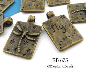 6 pcs - 20mm Small Dragonfly Charm, Antiqued Brass, Antiqued Bronze Rectangle, Word Charm (RB 675) BlueEchoBeads