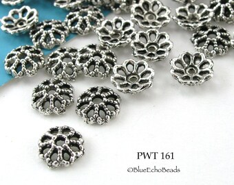 36 pcs - 7mm Pewter Lace Bead Caps, Silver Tone, 1mm Hole (PWT 161) BlueEchoBeads