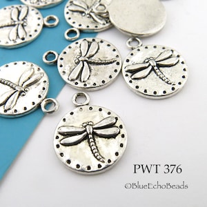 8 pcs - 15mm Small Dragonfly Charm, Pewter, Antiqued Silver, Coin Charm (PWT 376) BlueEchoBeads