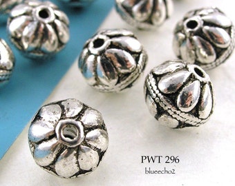 6 pcs - 10mm Pewter Beads, Flower Top, Silver Tone, 1.5mm Hole (PWT 296)  BlueEchoBeads