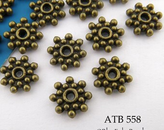 20 pcs - 9mm Antique Brass Beads,  Star Rondelle Antiqued Bronze, 1mm Hole (ATB 558) BlueEchoBeads,