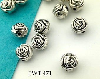 12 pcs - 7mm Rose Flower Pewter Beads, Silver Tone,  Hole 1.5mm (PWT 471) BlueEchoBeads