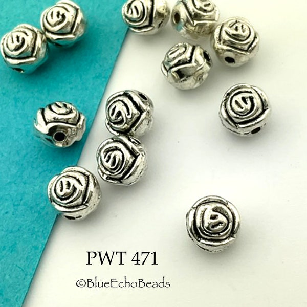 12 pcs - 7mm Rose Flower Pewter Beads, Silver Tone,  Hole 1.5mm (PWT 471) BlueEchoBeads