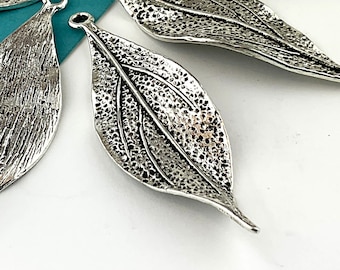 6 pcs - 49mm Large Pewter Leaf Charm, Leaf Pendant, Wavy Leaf, Silver Tone (PWT 571) BlueEchoBeads