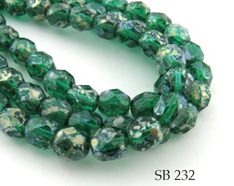 DESTASH / CLOSEOUT -50 pcs - 6mm Green Picasso, Faceted, Fire Polished, Czech Glass Beads, 1mm Hole (SB 232) BlueEchoBeads