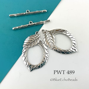 Large Pewter Leaf Toggle, Large Leaf Clasp, Silver Tone, 55mm (PWT 489) 1 set  BlueEchoBeads