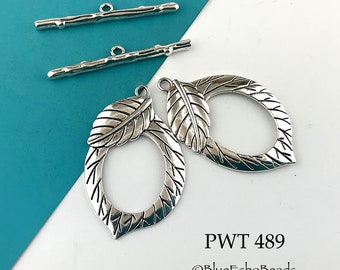 Large Pewter Leaf Toggle, Large Leaf Clasp, Silver Tone, 55mm (PWT 489) 1 set  BlueEchoBeads