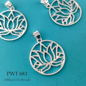 May include: Three silver-toned metal pendants with a cutout design of a lotus flower. The pendants are circular and have a bail for attaching to a chain or cord. PWT 683 ©BlueEchoBeads