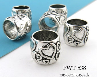 6 pcs - Large Hole Pewter Tube Beads with Hearts, Silver Tone, 10mm Hole, 13mm x 11mm Bead (PWT 538) BlueEchoBeads