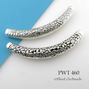 Large Curved Pewter Tube Bead Flower Engraved Tube, Silver Tone, 67mm Bead, 3mm Hole (PWT 460) 1 pc BlueEchoBeads