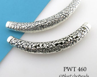 Large Curved Pewter Tube Bead Flower Engraved Tube, Silver Tone, 67mm Bead, 3mm Hole (PWT 460) 1 pc BlueEchoBeads