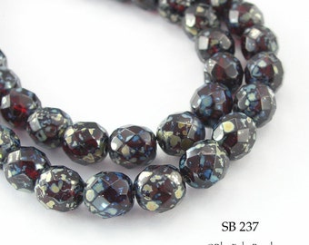 25 pcs - 8mm Czech Glass Beads, Dark Red, Picasso, Faceted Round (SB 237) Blue Echo Beads