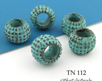 4 pcs - Large Hole Textured Spacer Beads, Mykonos Bead, Greek Bead, Blue Green Patina, 5.5mm Hole.10mm x8 mm Bead (TN 112) BlueEchoBeads