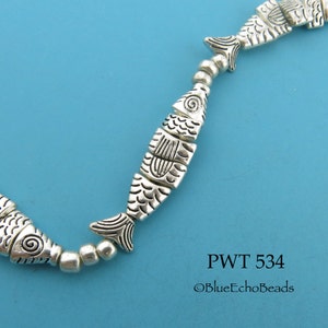 4 Fish - 32mm Small Pewter Fish Beads, Segmented Fish Beads, Greek Style Worry Fish, Silver Tone,  1mm Hole (PWT 534) BlueEchoBeads