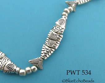 4 Fish - 32mm Small Pewter Fish Beads, Segmented Fish Beads, Greek Style Worry Fish, Silver Tone,  1mm Hole (PWT 534) BlueEchoBeads