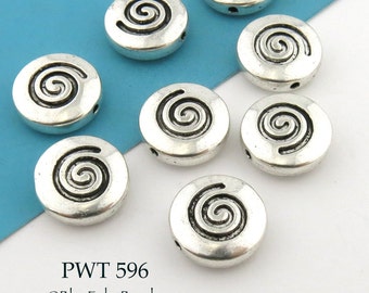 6 pcs - Large 14mm Pewter Spiral Coin Beads, Spiral Disk, Silver Tone, 1.3mm Hole (PWT 596) BlueEchoBeads