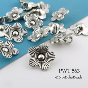 12 pcs - 14mm Pewter Flower Charm Beads, Silver Tone, 2mm Hole (PWT 563) BlueEchoBeads