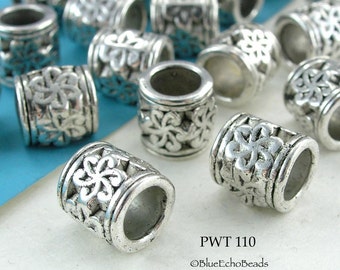 6 pcs - Large Hole Beads, Pewter Tube with Flowers, Antique Silver, 6mm Hole, 10 x 10mm Bead (PWT 110) BlueEchoBeads