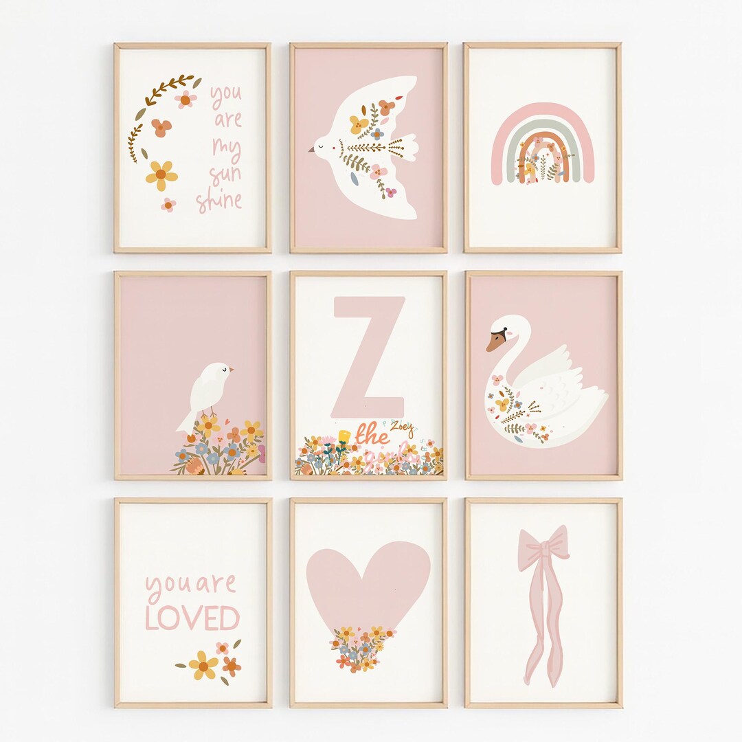 Personalised Folk Art Nursery Print Set, Pink Swan Floral Wall Art for ...