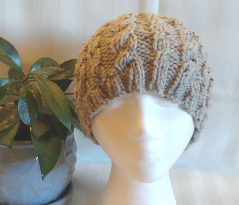 Beanies for Men Natural Beige Tweed WoolAcrylic Cable Beanie Beanies for Women. Womens Hats Beige w bits of Black Tweed Mens Hats