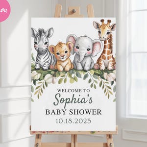 Editable A Little Wild One Baby Shower Welcome Sign, Safari Jungle Baby Shower Poster, Greenery Safari Animals Baby Shower Decoration