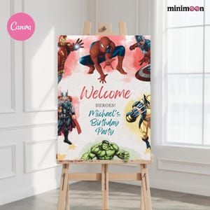 Superhero Welcome Sign, Avengers Birthday Party Decorations Canva Template, Superhero birthday Sign, Digital Download