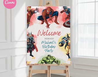 Superhero Welcome Sign, Avengers Birthday Party Decorations Canva Template, Superhero birthday Sign, Digital Download