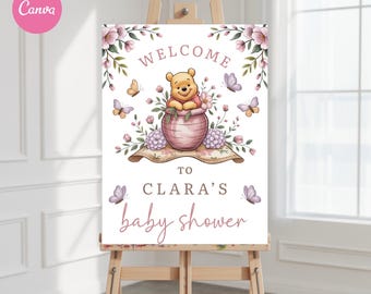 Winnie de Pooh Babyshower-welkomstbord Afdrukbaar roze Winnie de Pooh-babyshowerdecoraties Winnie de Pooh-babyshowerbord
