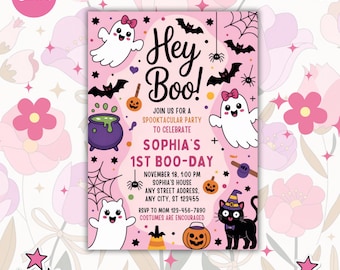 Halloween Pink Ghost Birthday Invitation, Halloween Party Invite, Hey Boo Ghost Party, Spooktacular Halloween Party, Editable Canva Template
