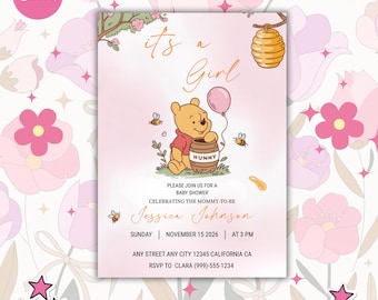 Roze Winnie de Poeh-babyshoweruitnodiging (digitale sjabloon)