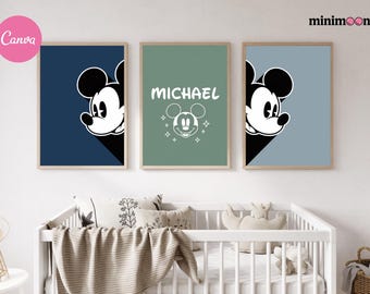 Mickey Mouse aangepaste set van 3 prints muurkunst gepersonaliseerde naambord jongenskamer decor afdrukbare, aangepaste naam print, jongens kinderkamerdecoratie