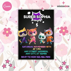 SuperKitties Invitation, Printable Editable Super Kitty Invite, SuperKitty Birthday Party Invite Template, Kitten Invitation Cute Invite