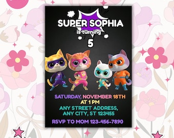 SuperKitties-verjaardagsuitnodiging: bewerkbare sjabloon kittenfeestje (digitale download)