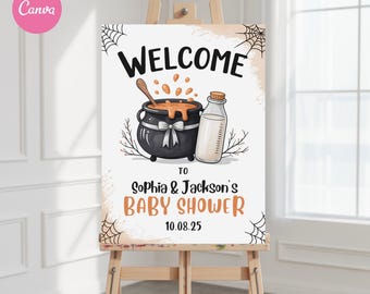 Welkomstbordje Halloween-babyshower, welkomstbordje A Little Boo babyshower, pompoenversieringen, genderneutraal afdrukbare sjabloon