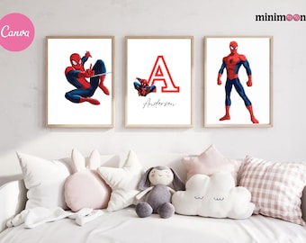 Spiderman kinderkamerdecoratie: gepersonaliseerde superheldenafdrukken, set van 3 (digitale download)