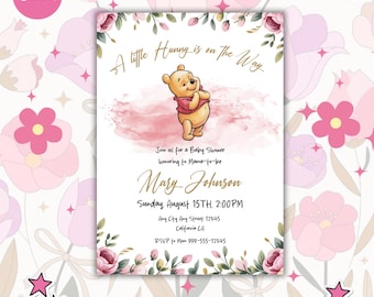 Winnie-the-Pooh Baby Shower Invitation: Pink Floral Design (Canva Template)