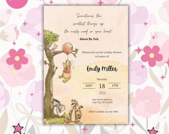 Winnie the Pooh Baby Shower Invitation: Retro Boho Theme (Digital Download, 5x7" Canva Template)